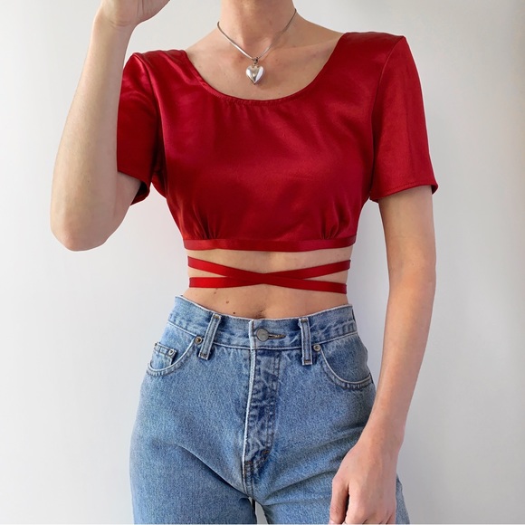 Zara Studio red satin short sleeve crop top w/ ribbon cross tie at waist - Picture 1 of 3